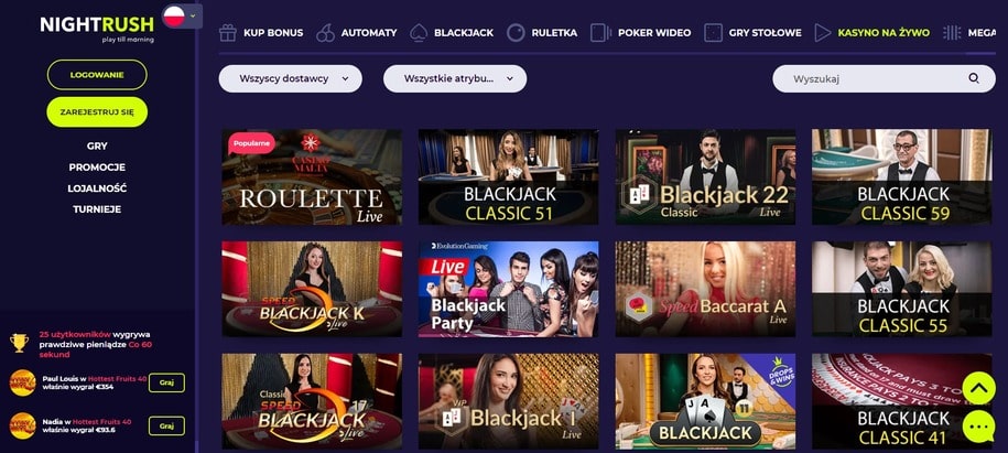 Gry na żywo w NightRush Casino